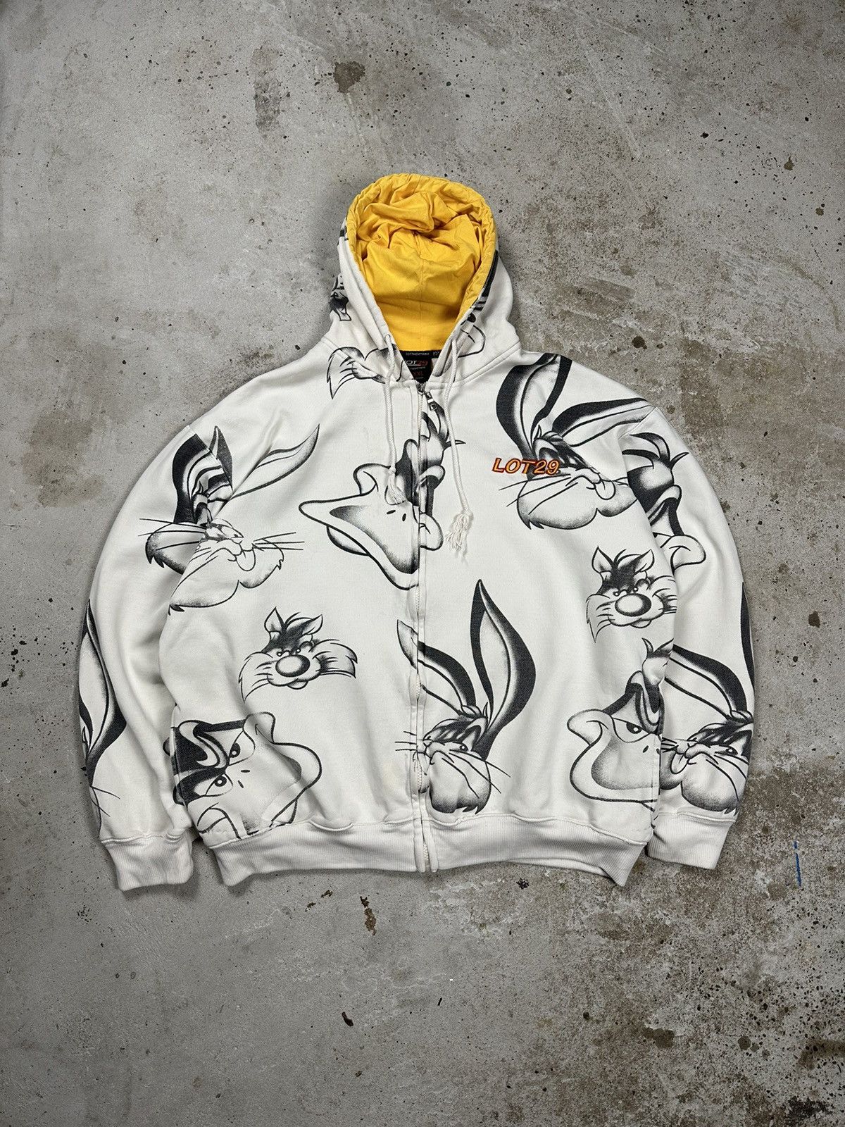 Image of Vintage Y2K Lot 29 Looney Tunes All Over Print Boxy Hoodie in White, Men's (Size 2XL)