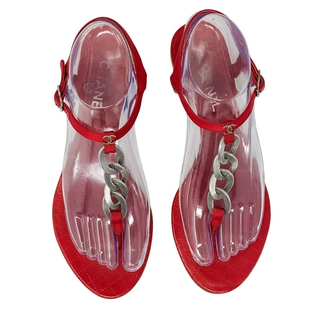 Chanel Chanel Red Silver Chain T Strap CC Logo Flat Sandals sz 37.5 Size US 7.5 / IT 37.5 - 4 Thumbnail