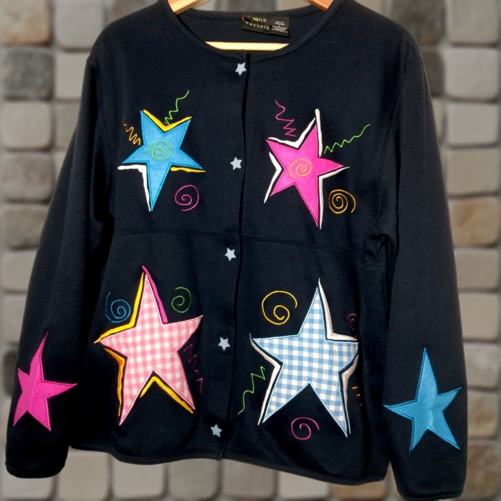 Vintage VINTAGE Onque Casuals Shirt Large Knit Cardigan Star Button Gingham Stars Artsy Size L / US 10 / IT 46 - 1 Thumbnail