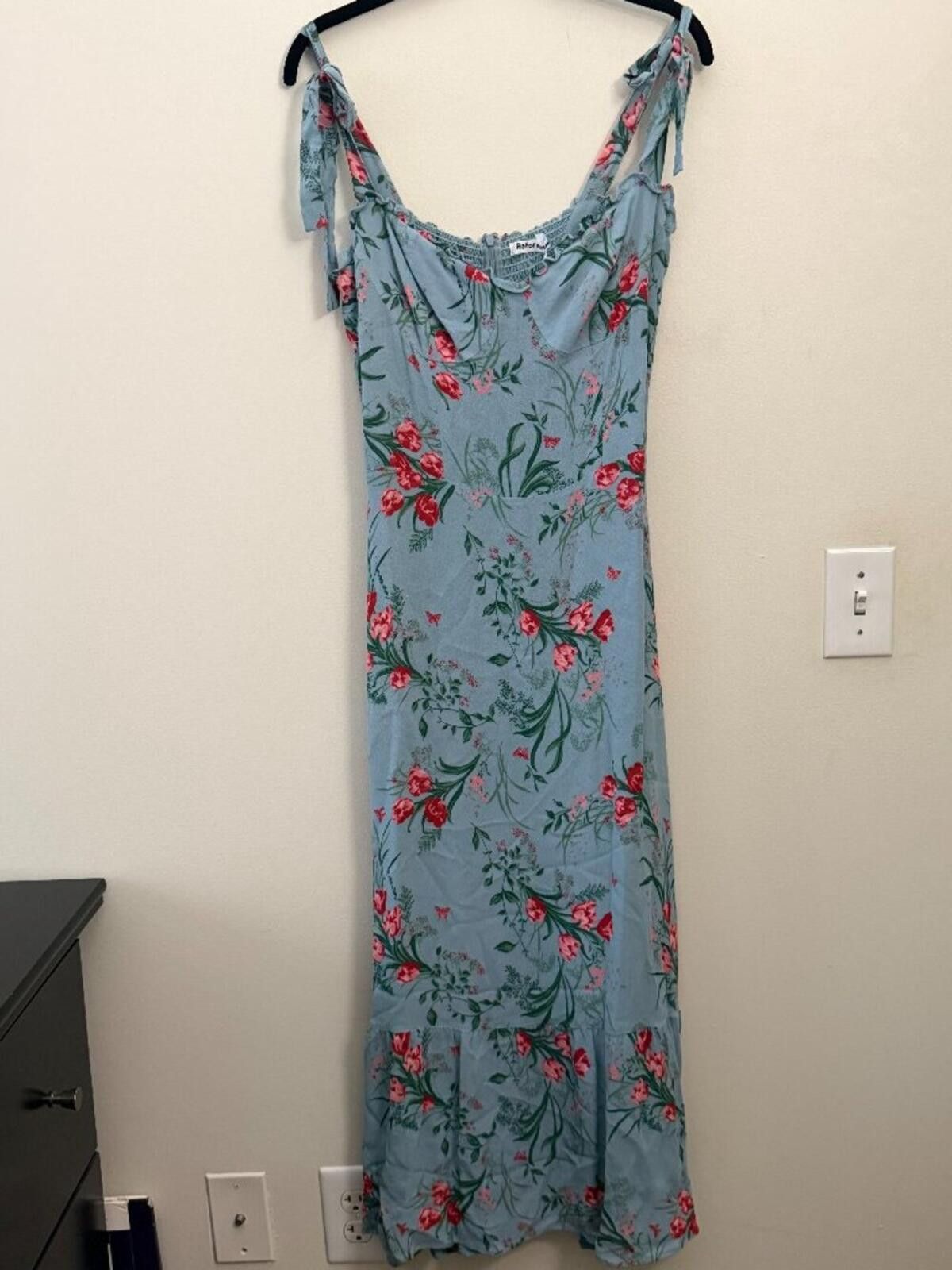 blue floral dress reformation Reformation White Dress With Blue Flowers Veronika Linen Dress
