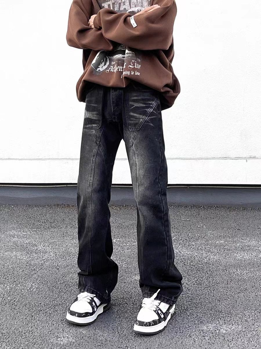 Vintage washed paneled straight-leg hip-hop jeans
