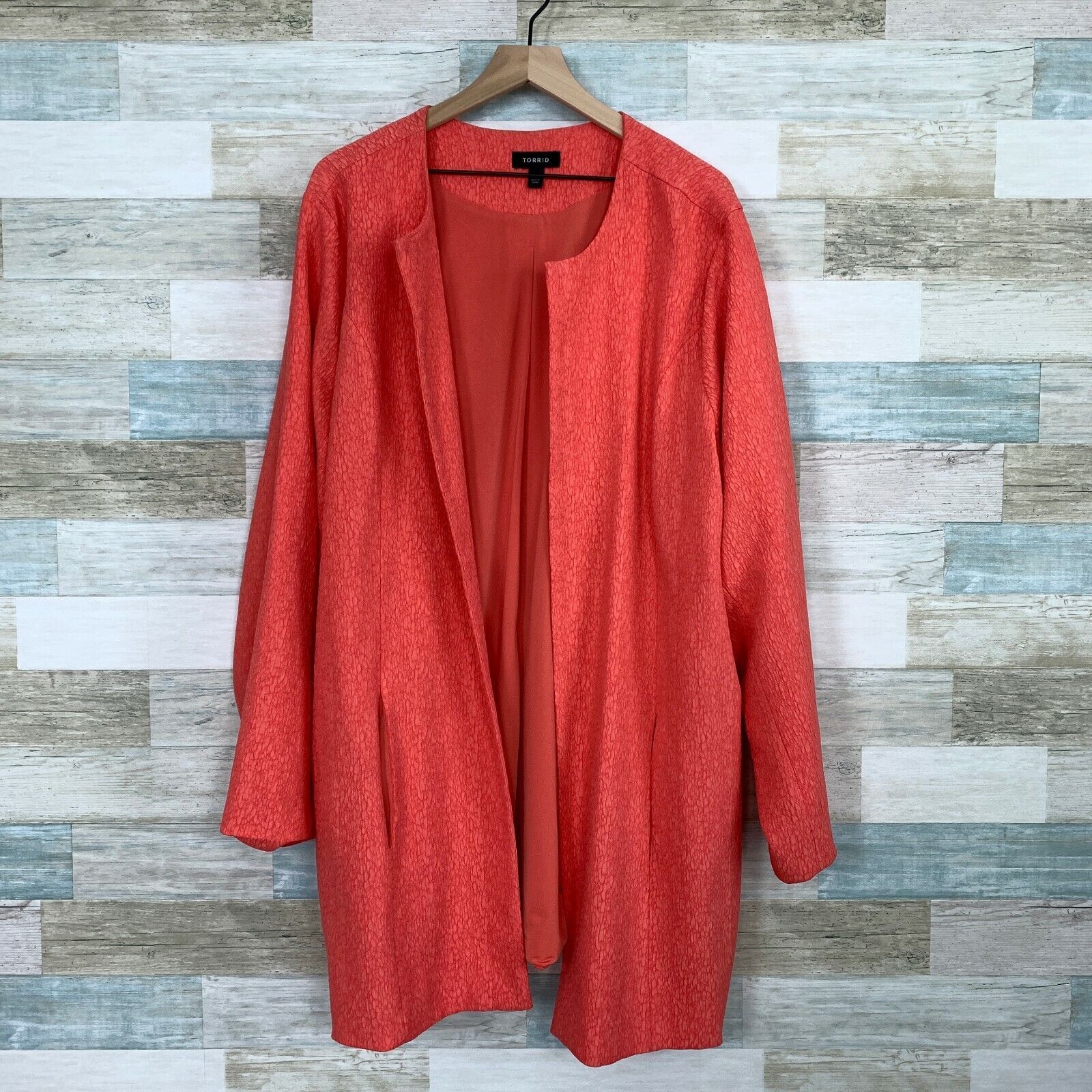 Other Torrid Long Jacquard Cocoon Coat Coral Orange Open Front 4X Size 4XL / US 24-26 - 2 Thumbnail