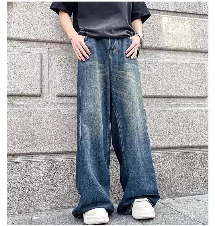 Retro washed draping straight leg jeans