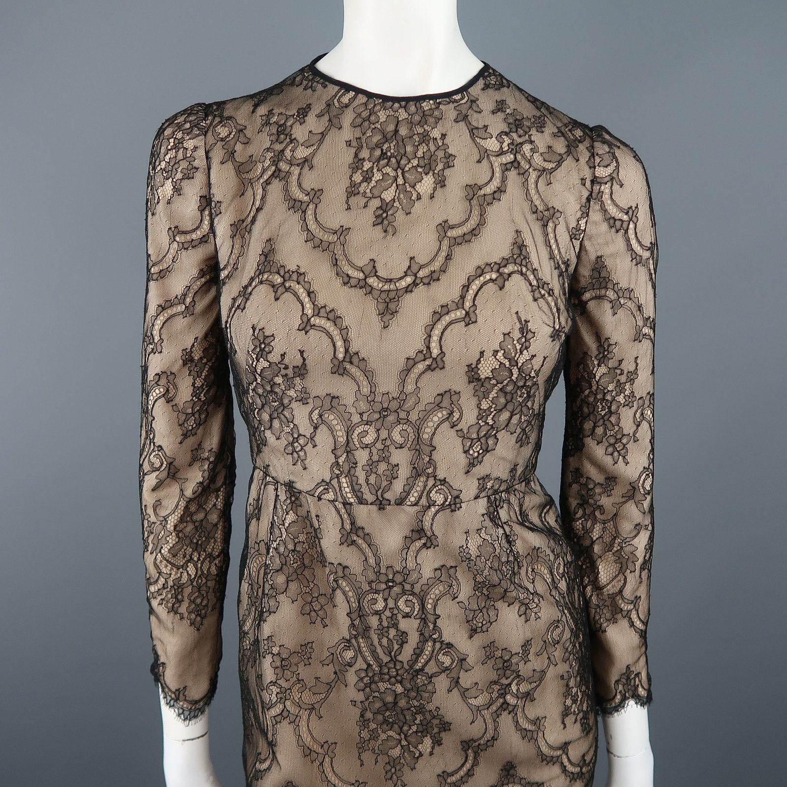 Other DENNIS BASSO Beige Black Lace Overlay Long Sleeve Cocktail Size S / US 4 / IT 40 - 2 Thumbnail