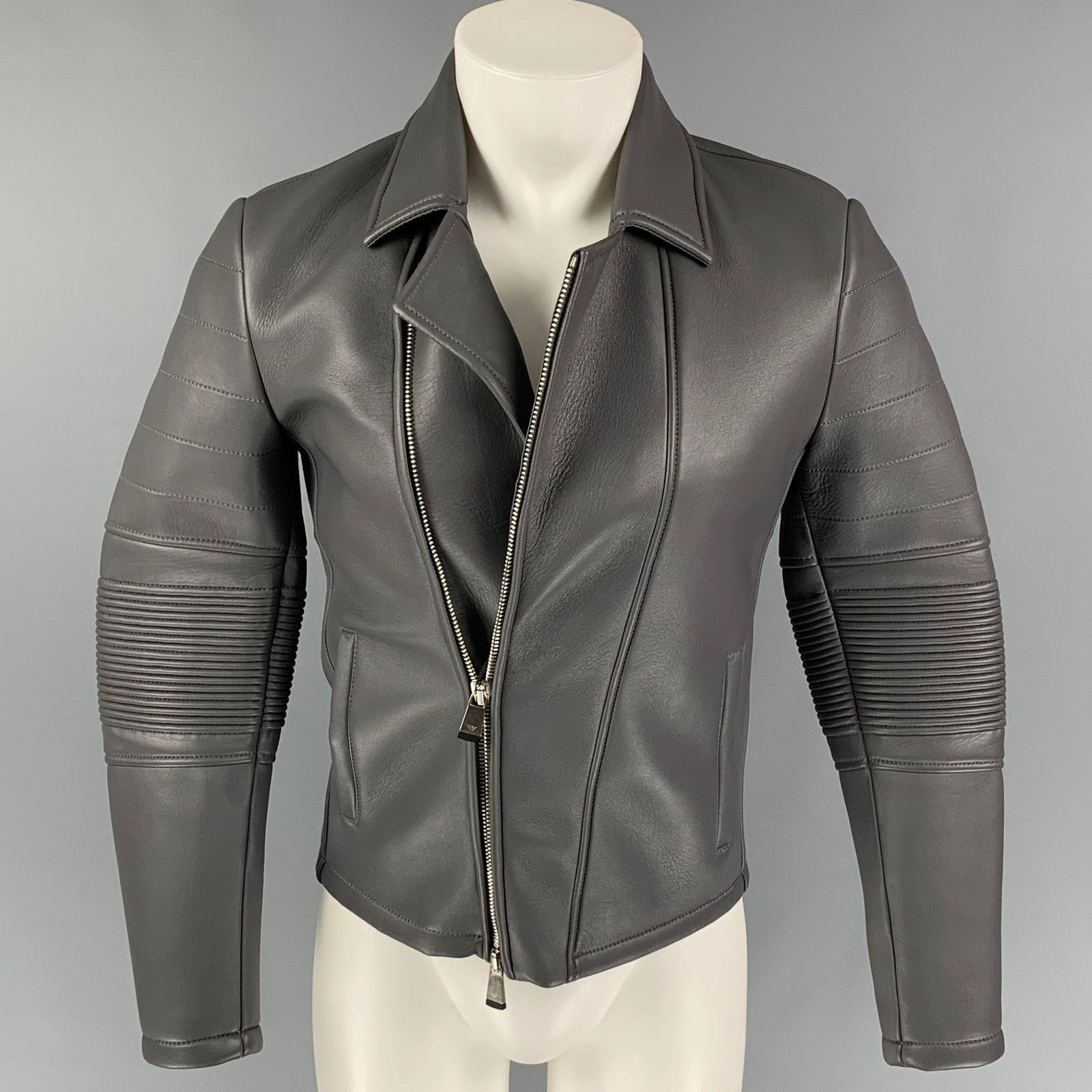 Emporio Armani EMPORIO ARMANI Size 34 Grey Leather Biker Jacket Size US S / EU 44-46 / 1 - 1 Thumbnail