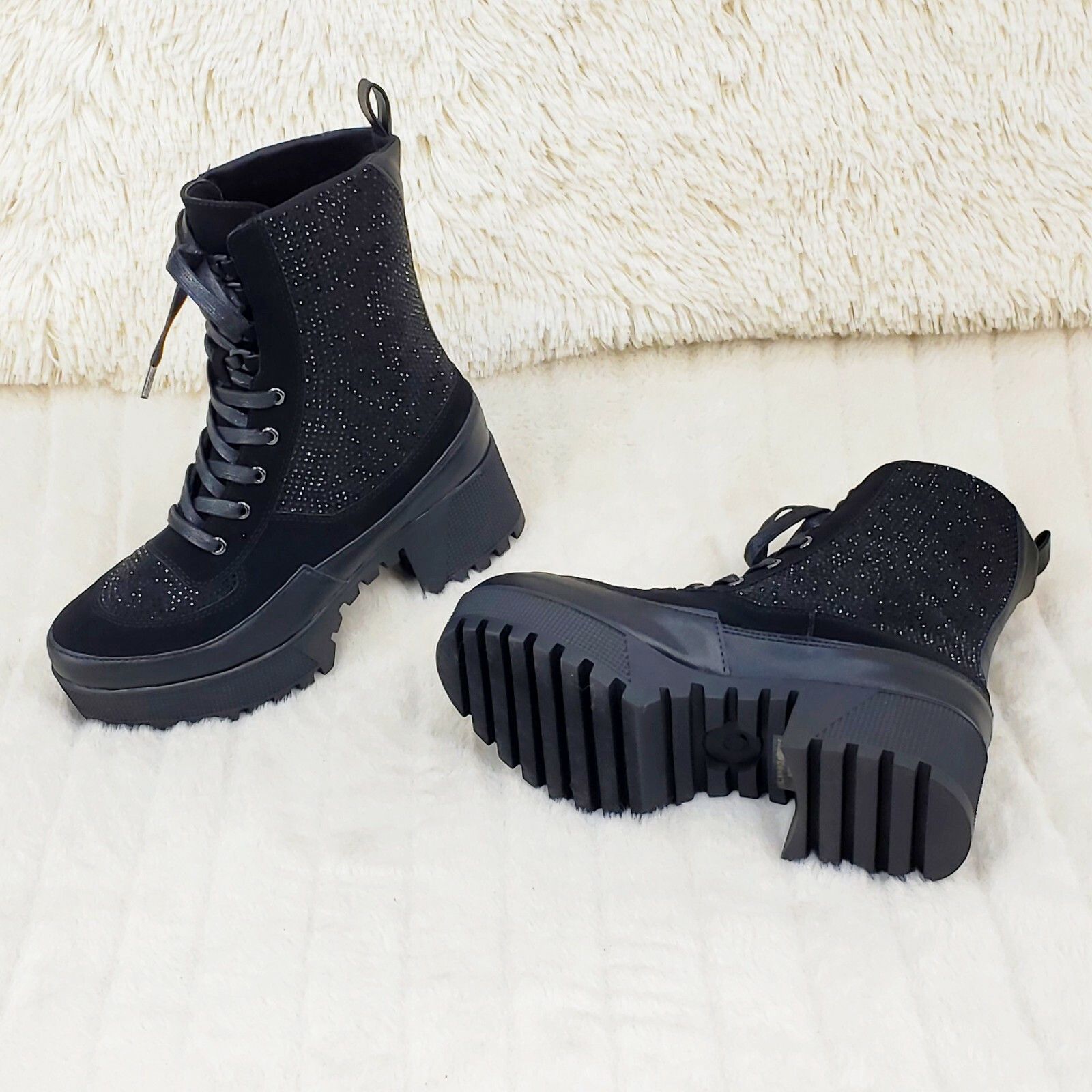 Other Diva Shine Black Rhinestone Lace Up Platform Combat Ankle Bo Size US 10 / IT 40 - 5 Thumbnail