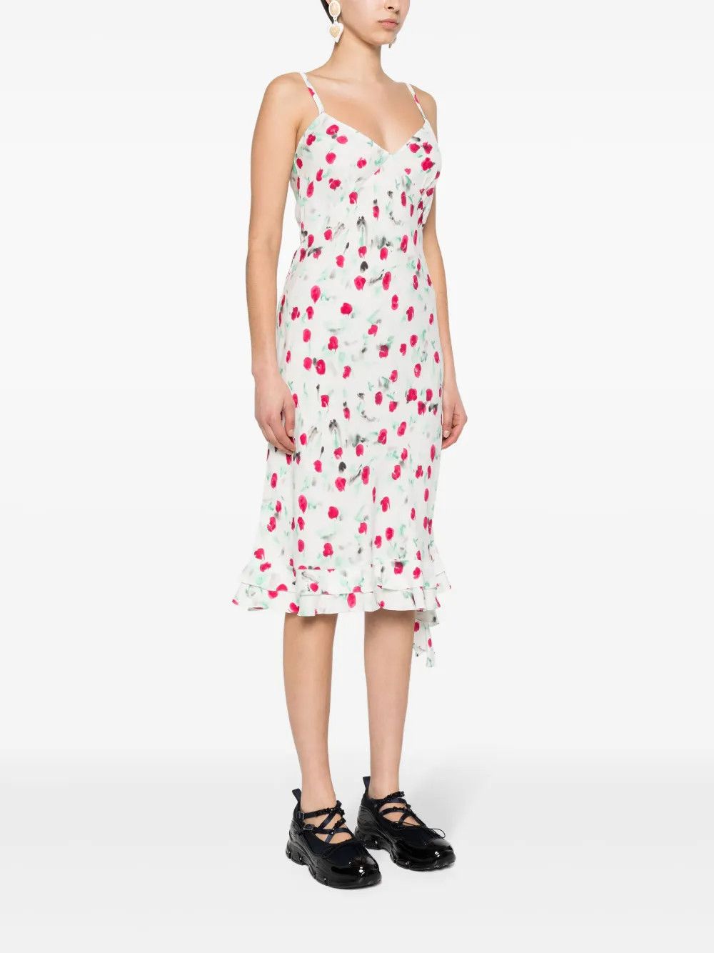 Marni o1w1db10125 Floral Ruffle Midi Dress in White/Dark Pink Size XL / US 12-14 / IT 48-50 - 3 Thumbnail