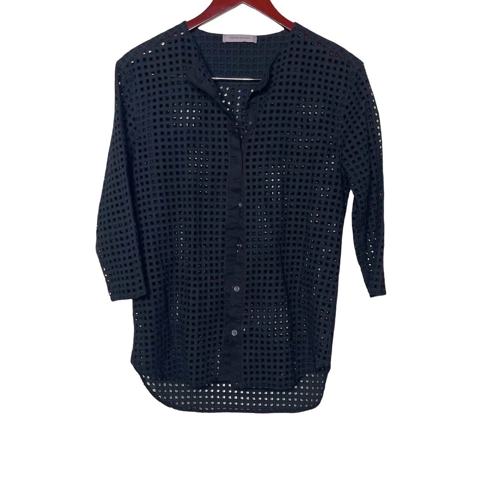 Pierre Balmain Pierre Balmain Black Eyelet Collarless Button Front Blouse Size S / US 4 / IT 40 - 1 Thumbnail