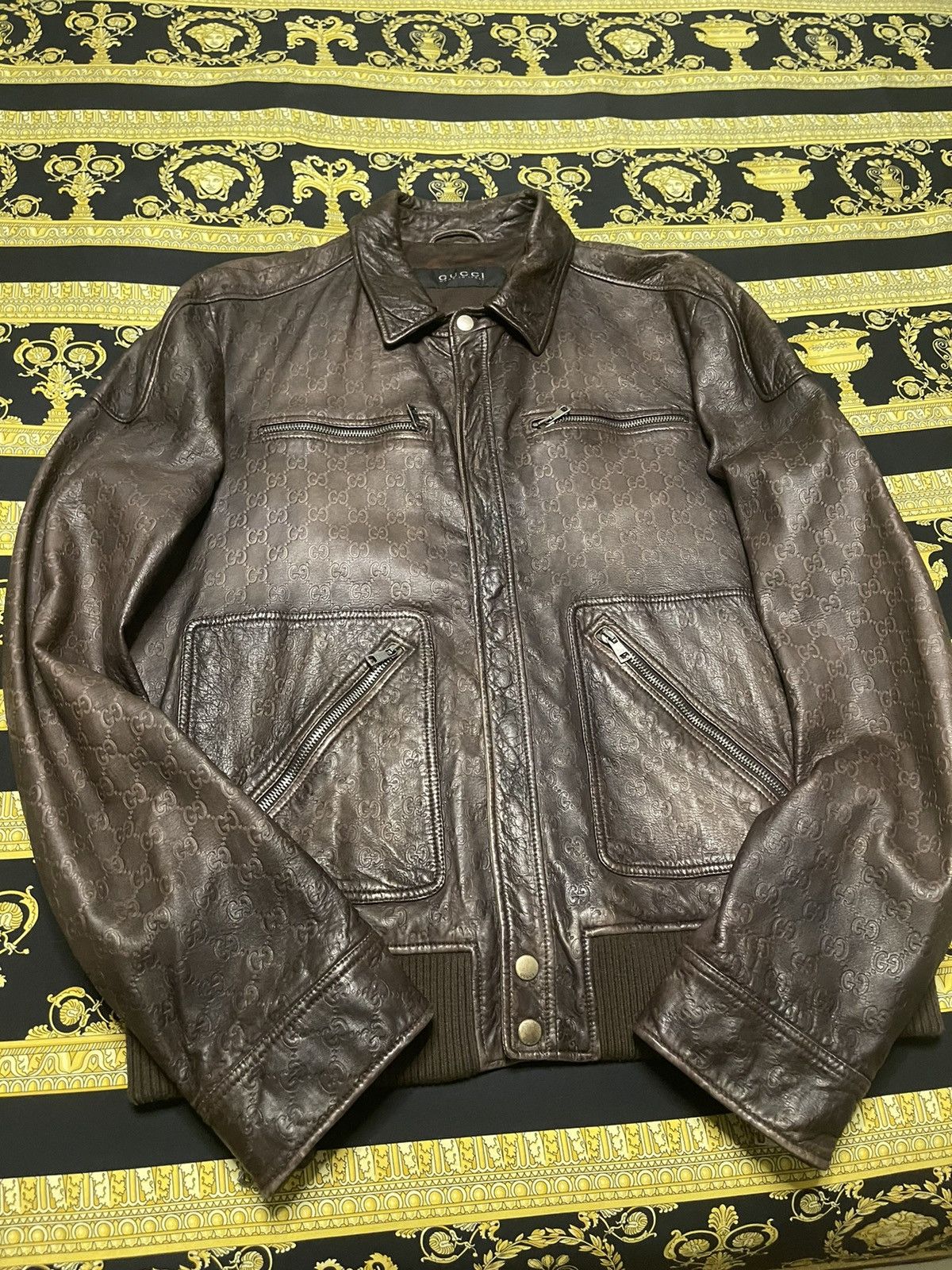 Gucci 100% AUTHENTIC GUCCI GG MONOGRAM BIKER LEATHER BROWN JACKET Size US L / EU 52-54 / 3 - 3 Thumbnail