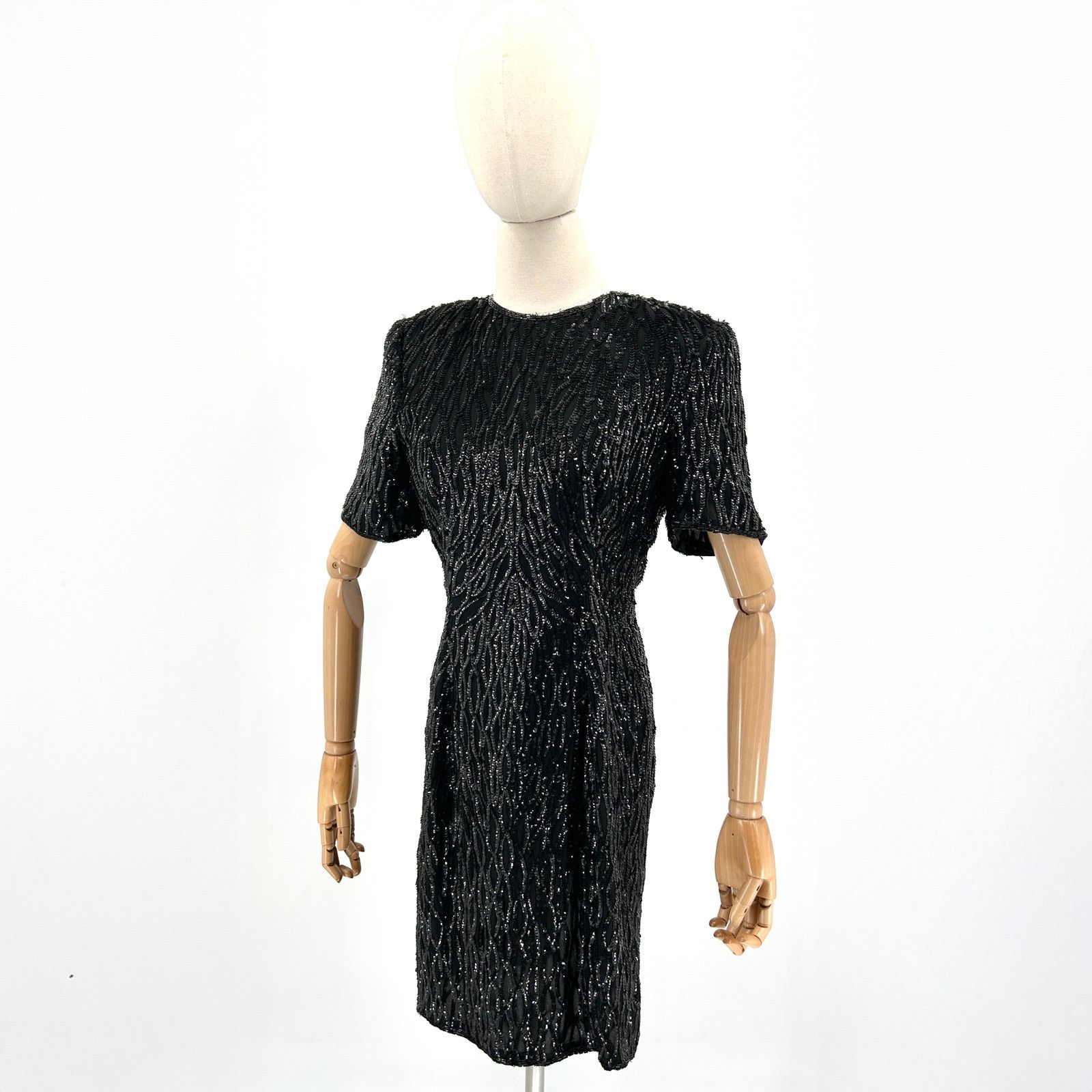 Vintage Vintage 80s Black Beaded Sequin Shoulder Pad Cocktail Dress