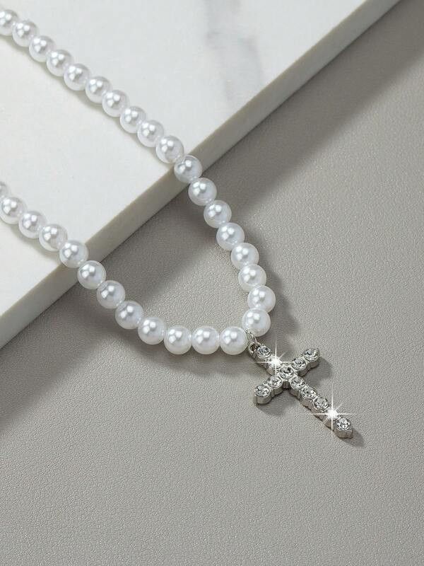 Jewelry x Vintage Rhinestone Cross Pearl Y2K Necklace Chain in Silver, Men's