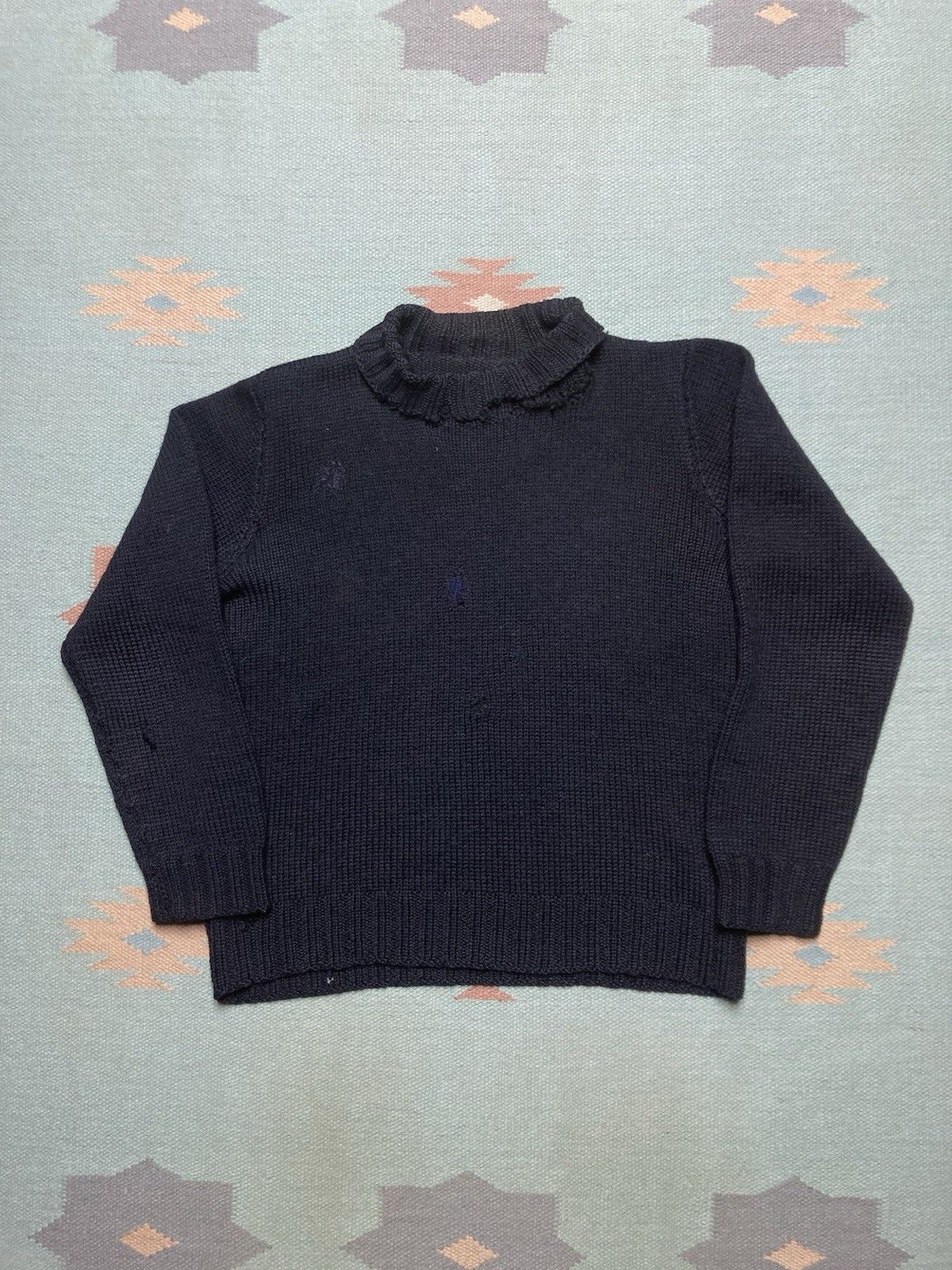 Vintage 1950s wool knit sweater navy blue distressed repaired medium Size US M / EU 48-50 / 2 - 1 Thumbnail