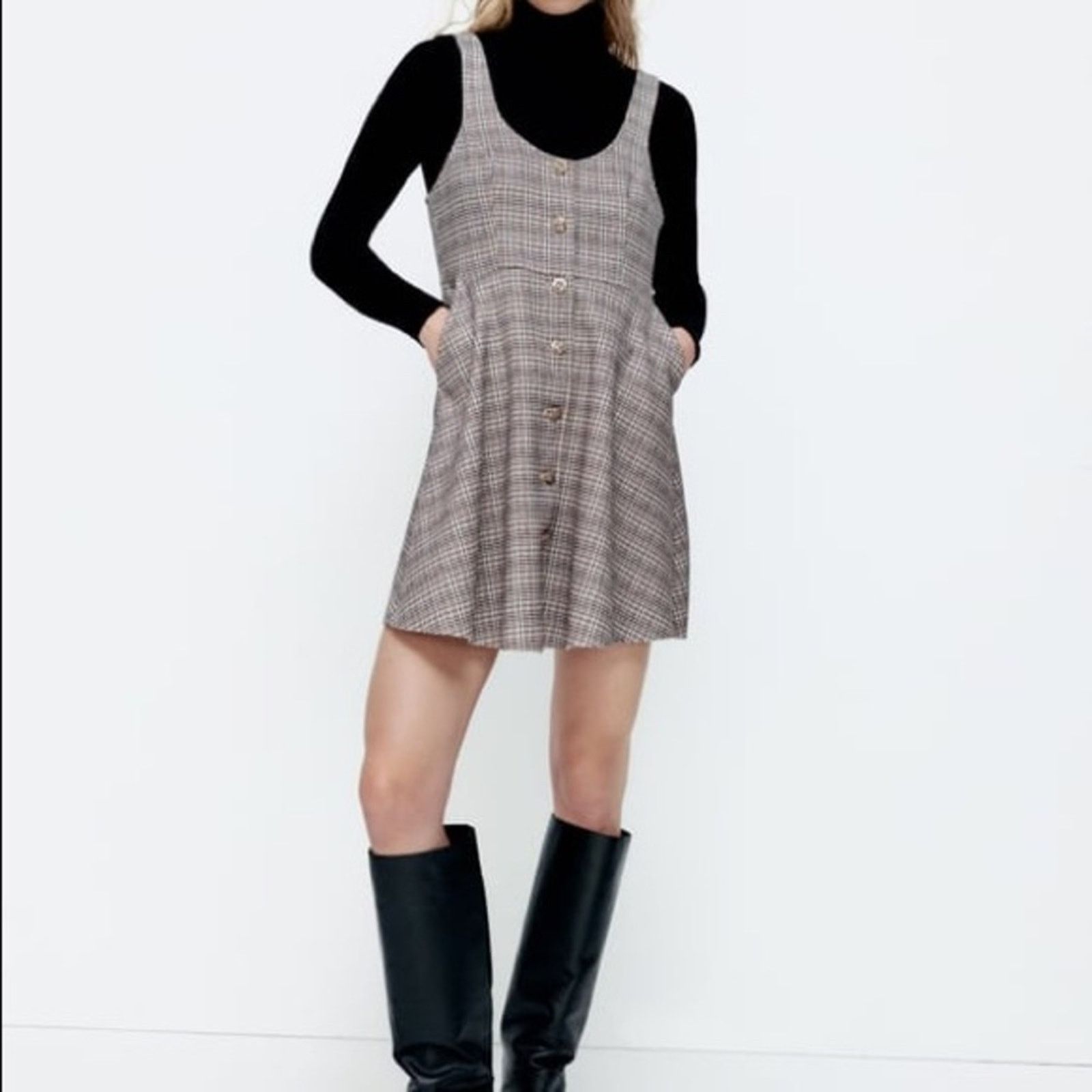 Zara ZARA FAUX SUEDE PLAID DRESS SAND Size XS / US 0-2 / IT 36-38 - 6 Thumbnail