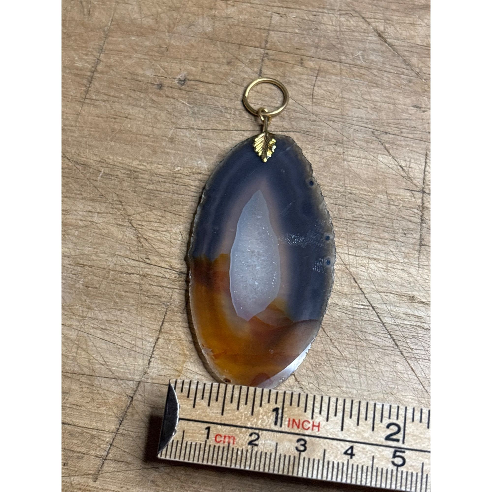 Other Natural Agate Slice Pendant With Gold Leaf Charm Size ONE SIZE - 4 Thumbnail