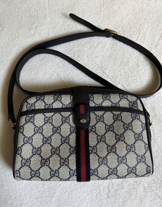 1980s Vintage GUCCI Web Navy Monogram Canvas Small Crossbody Bag