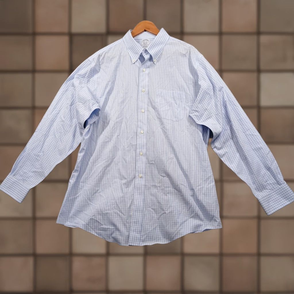 Brooks Brothers Brooks Brothers Dress Shirt Gingham 17.5 35 Blue Non-Iron Supima Classic Fit Button-Down Collar EUC Mens Shirt Size 48R - 1 Thumbnail