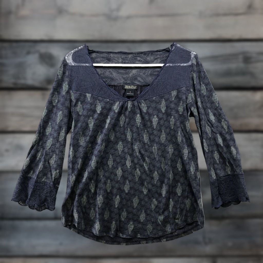 Lucky Brand Lucky Brand Boho Top Womens S Navy Blue 3/4 Sleeve V-Neck Paisley Print Cotton Blend Size S / US 4 / IT 40 - 1 Thumbnail