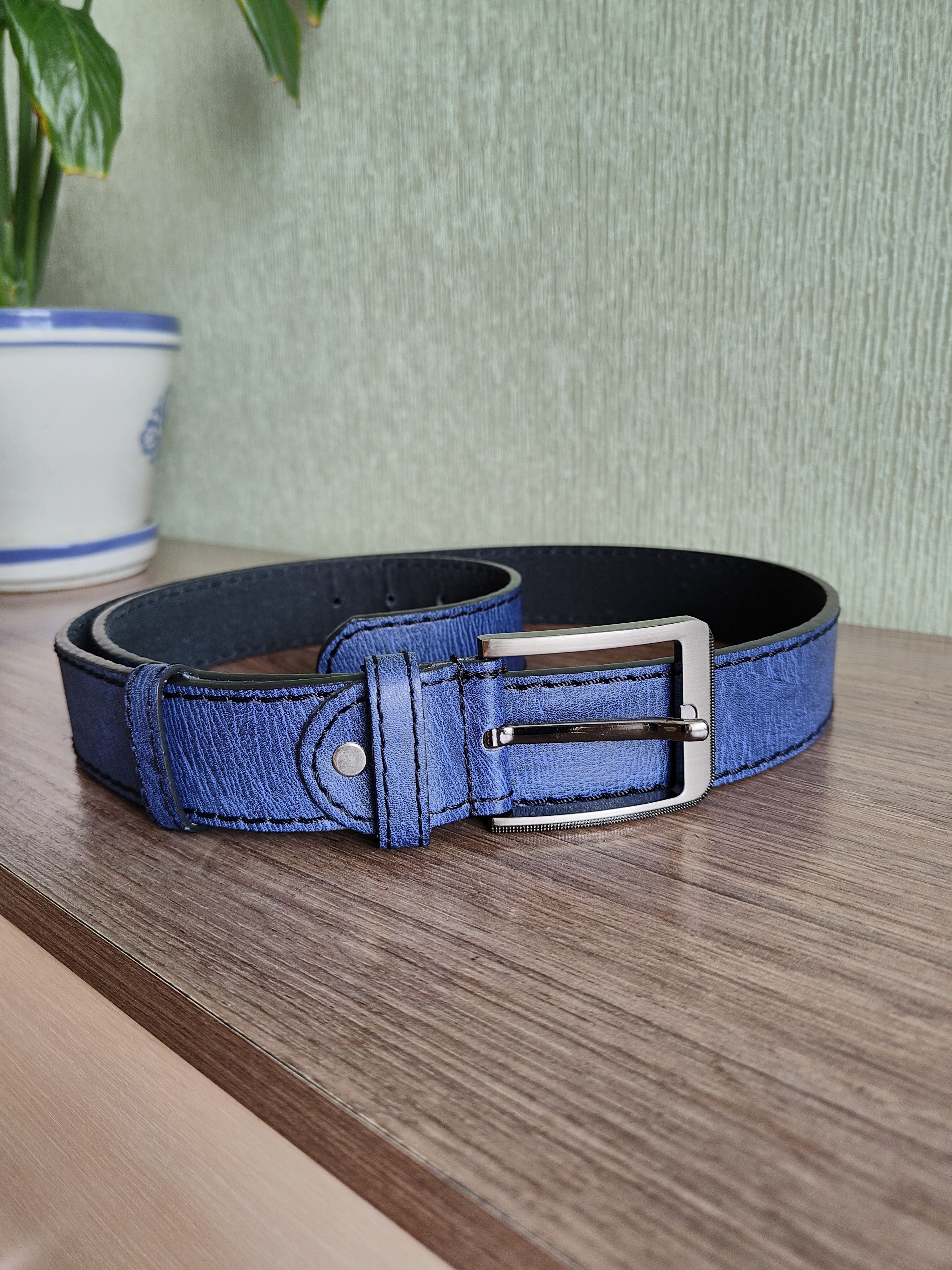 Genuine Leather Men's Leather Belt Blue Nova Check Leather Belt Size ONE SIZE - 3 Thumbnail