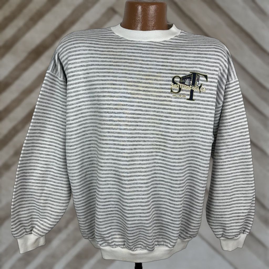 Etro VINTAGE San Francisco Sweatshirt XL Striped 90s USA Men Gray Pullover Knit Cotton Blend Polyester Stains Size US XL / EU 56 / 4 - 1 Thumbnail