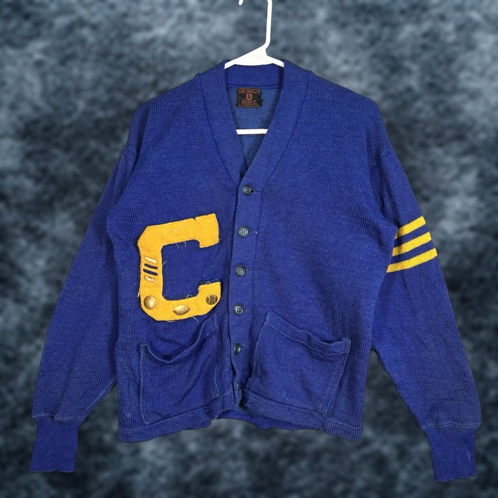 Champion VINTAGE 1940s Champion Knitwear Cardigan Sweater Men’s Small Blue 40s 1940s Mens Size US S / EU 44-46 / 1 - 1 Thumbnail