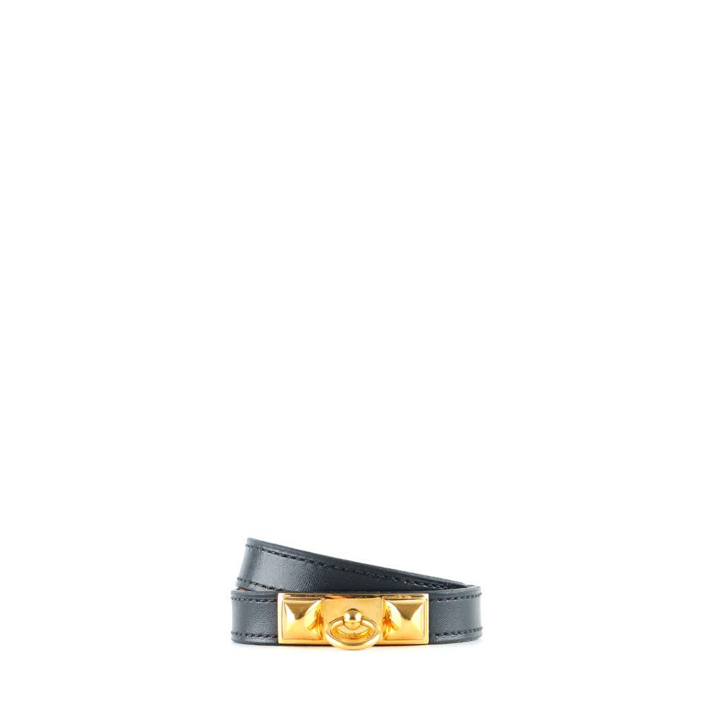 image of Hermes - Double Tower Rival Bracelet In Black Leather, Women's