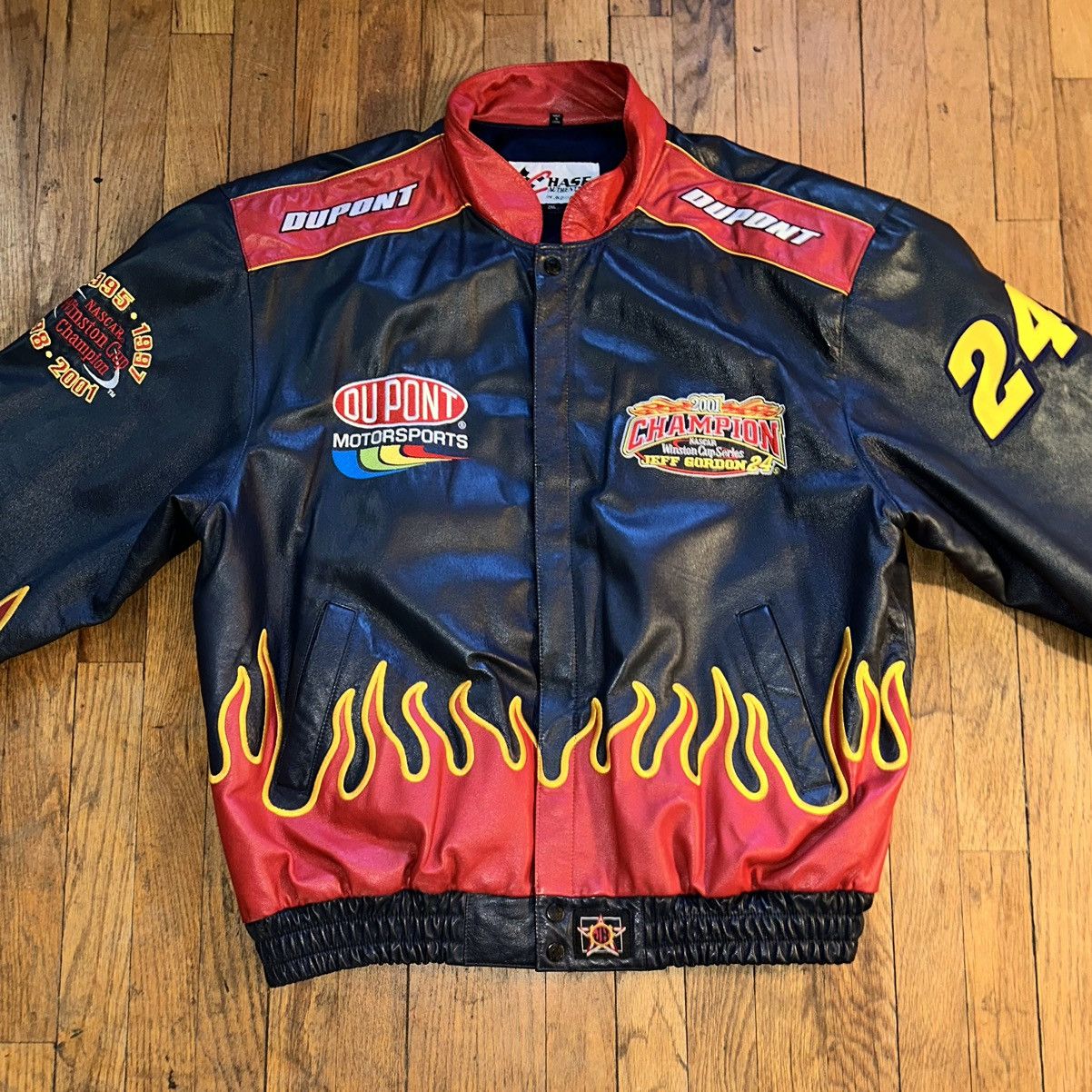 image of Chase Authentics x Jh Design Vintage Jeff Gordon Fire /flames Leather Jacket in Navy (Size 2XL)