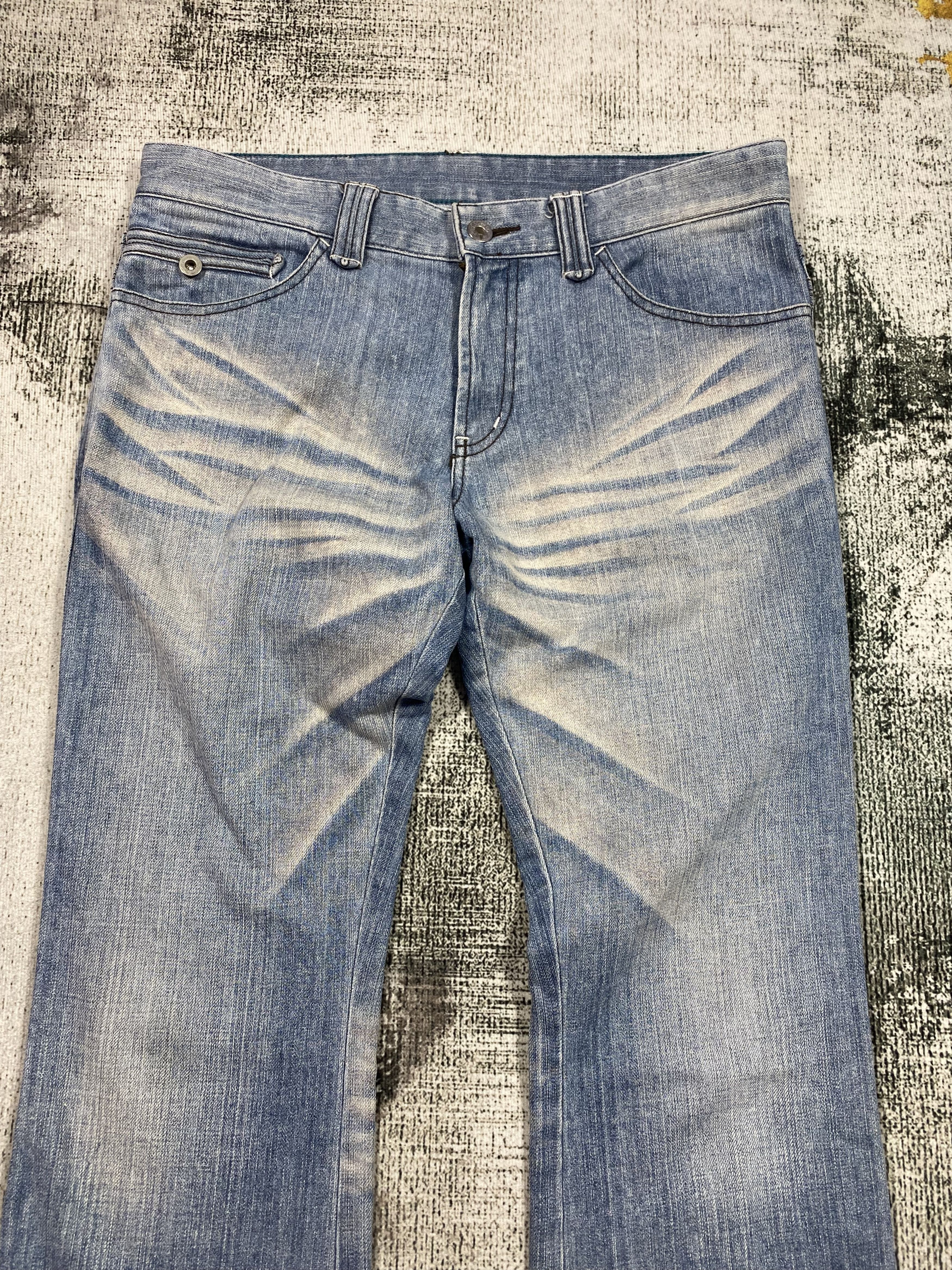 Japanese Brand SICKS💥Japanese High Street Slim Bootcut Blue Fade Whiskers Size US 32 / EU 48 - 3 Thumbnail