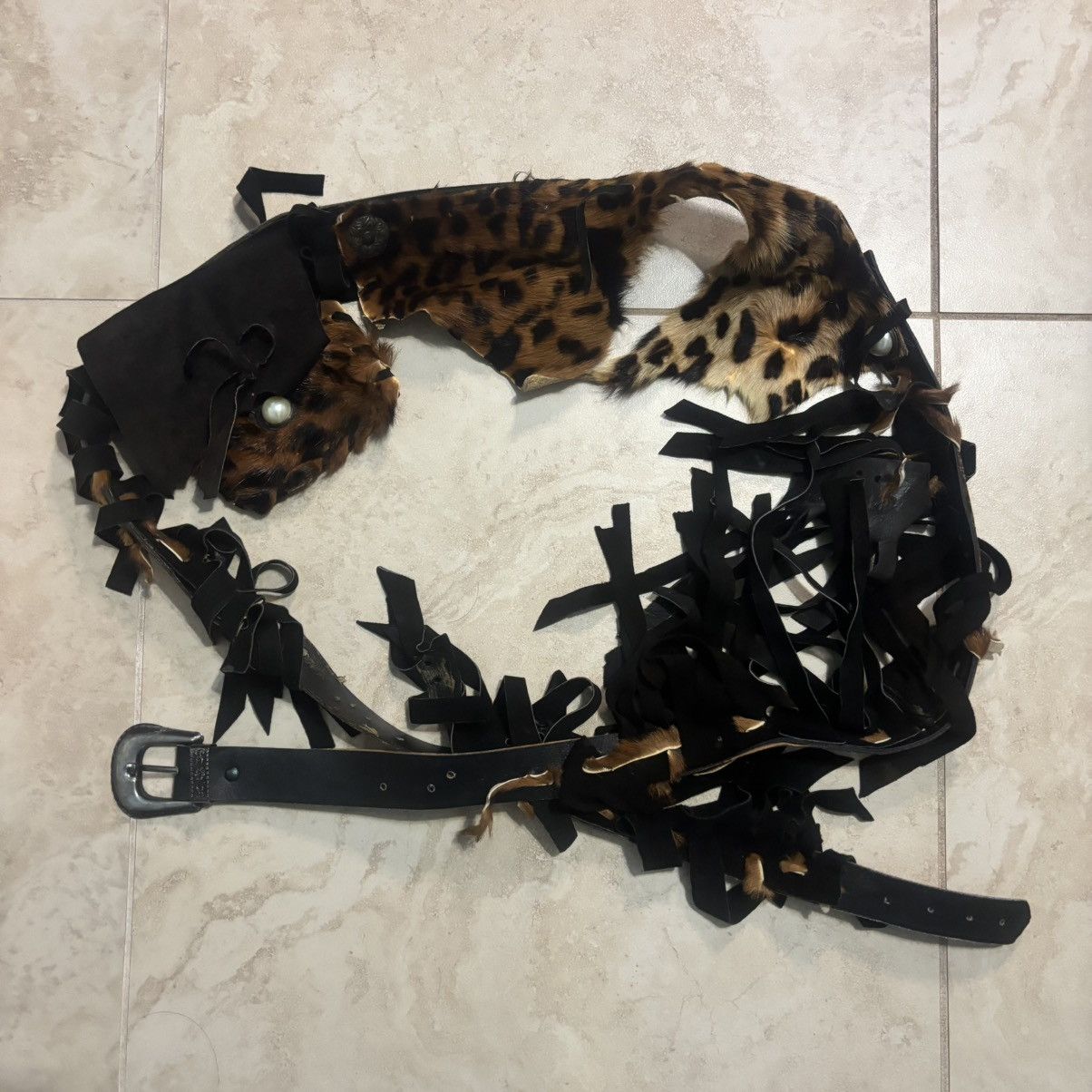 kmrii-style hand-stitched fur tassel fringe leopard fur belt