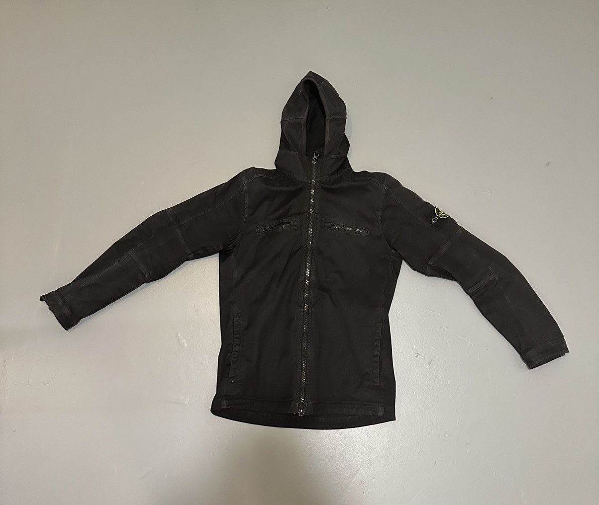 image of Stone Island Twill Black Hooded Overshirt in Washed Black, Men's (Size Small)