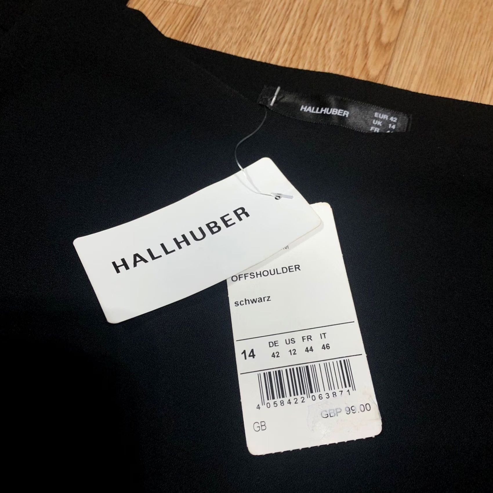 Vintage Hallhuber dress Kleid Schwartz Off-the-shoulder with flounce Size UK 14 Bnwt Size XL / US 12-14 / IT 48-50 - 3 Thumbnail