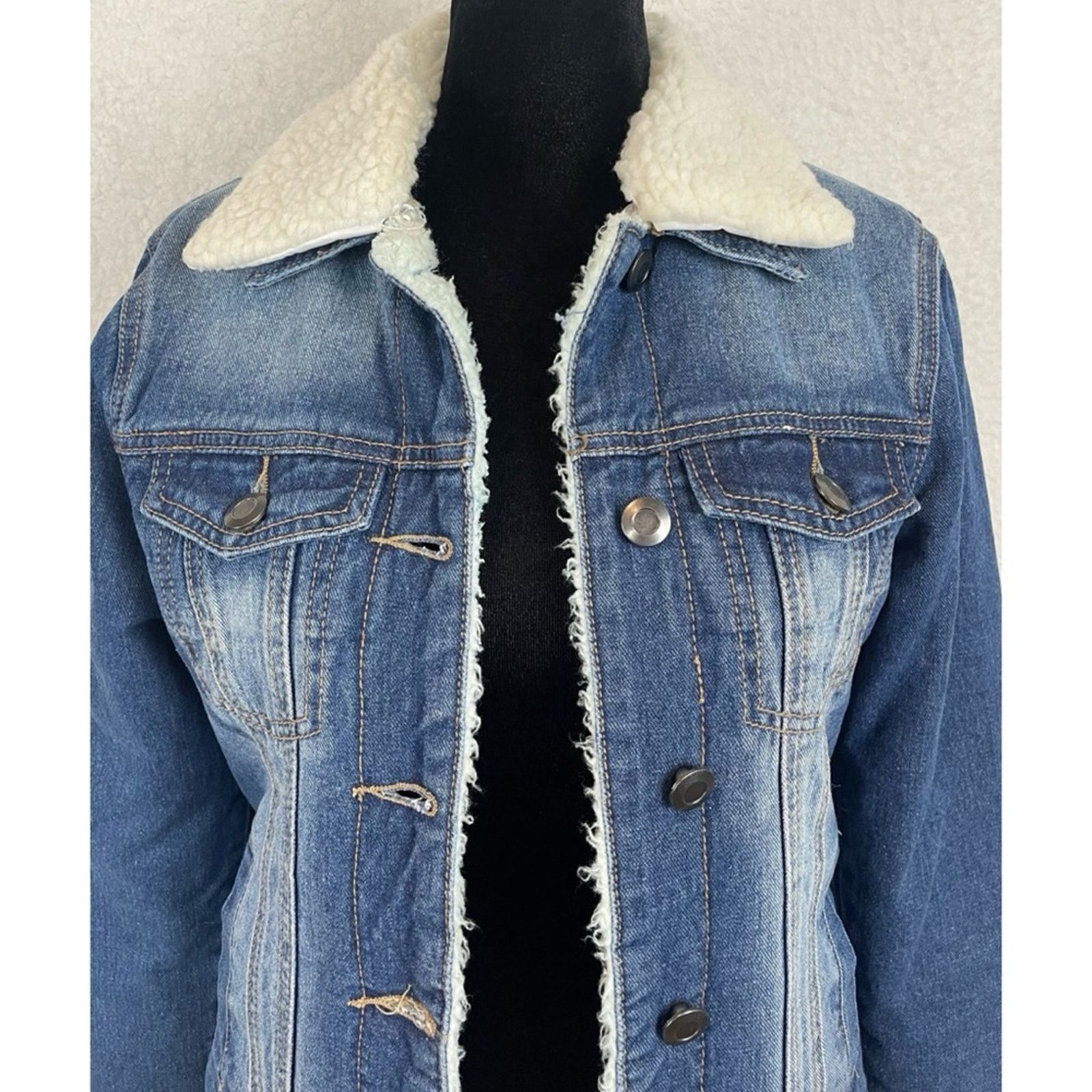 Boohoo BOOHOO • Blue/White Denim Sherpa-Lined Collared Jacket Size XS / US 0-2 / IT 36-38 - 2 Thumbnail