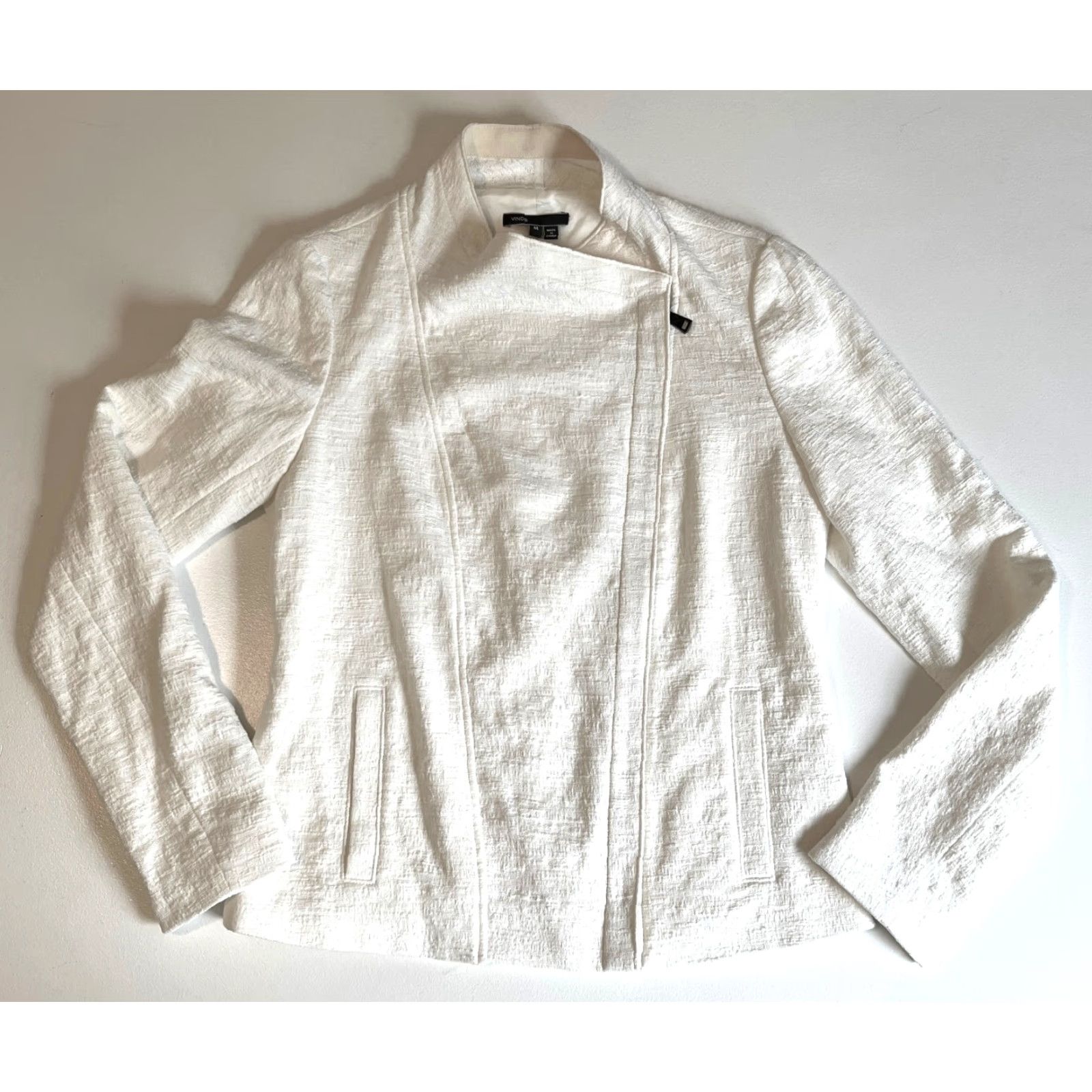 Vince Vince Women's Biker Jacket Sz M Cream NWT Stretch Cotton Frise Asymmetrical Zip Full Zip Pockets Size M / US 6-8 / IT 42-44 - 6 Thumbnail