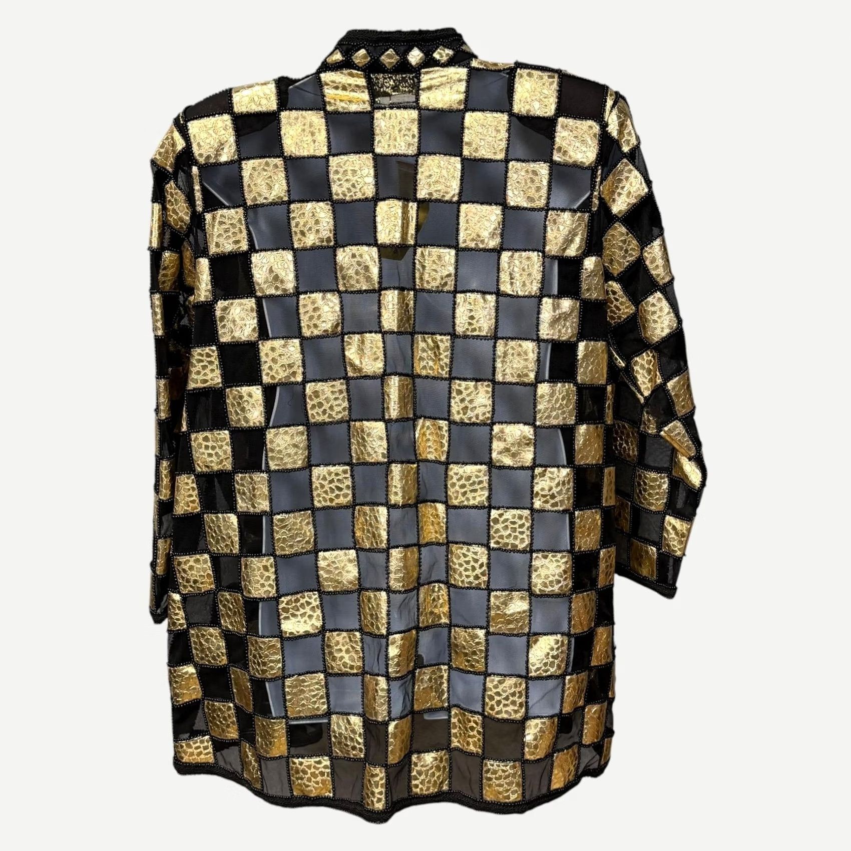 Vintage New Look Blazer Womens 1x Black Gold Check Mesh Beaded Open Formal, Women's (Size Xl) — image 3 of 6