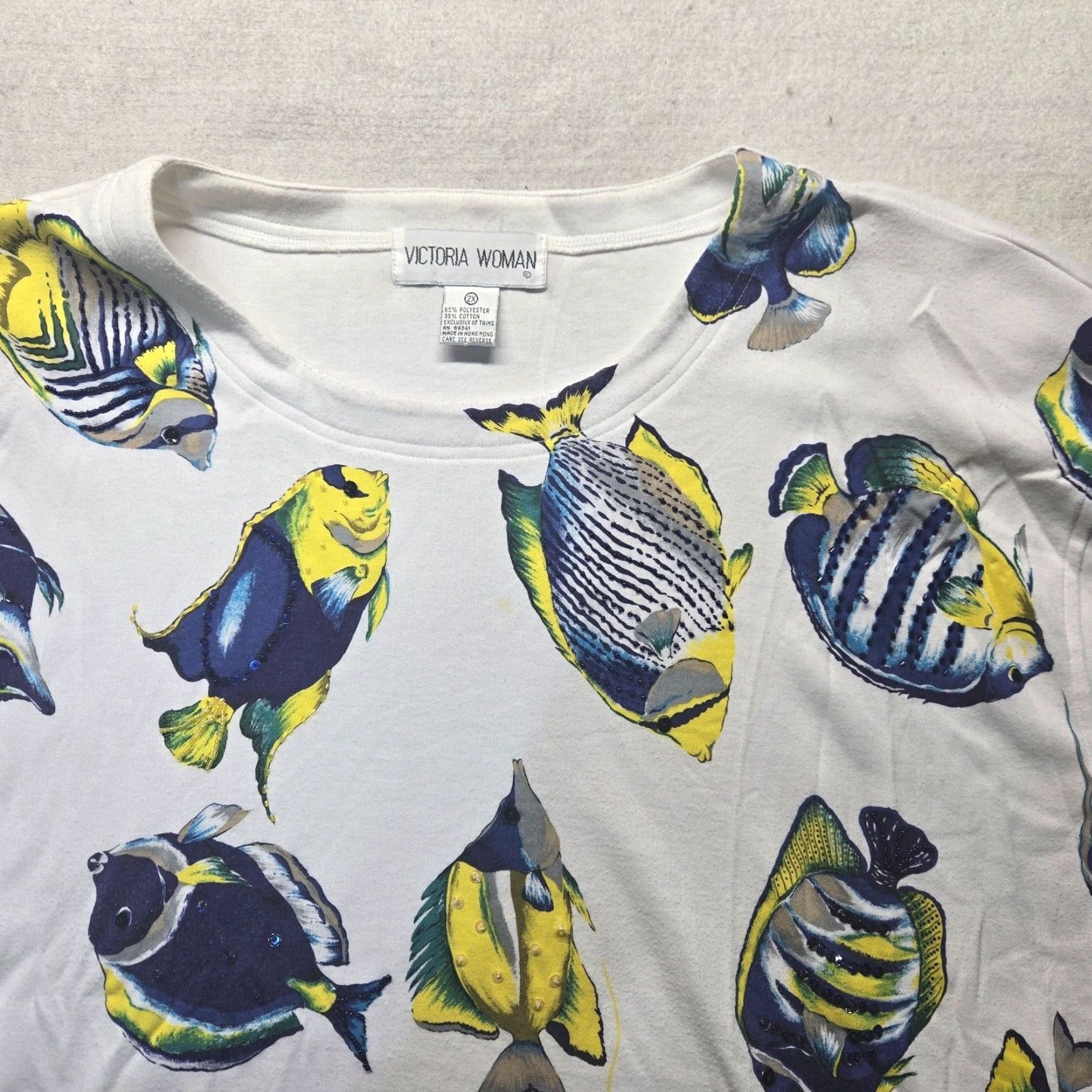 Vintage VINTAGE Victoria Jones Shirt Adult 2X White Beaded Fish Women's Plus Size 2X - Fish Theme, Beaded Accents, Crew Neck Size XXL / US 16-18 / IT 52-54 - 2 Thumbnail