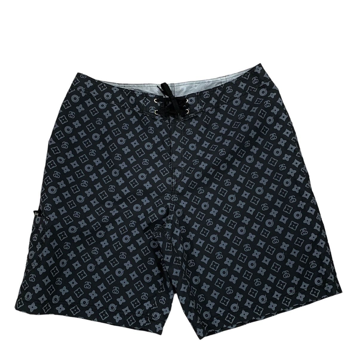 image of Stussy Monogram Black & Grey Board Shorts, Men's (Size 38)