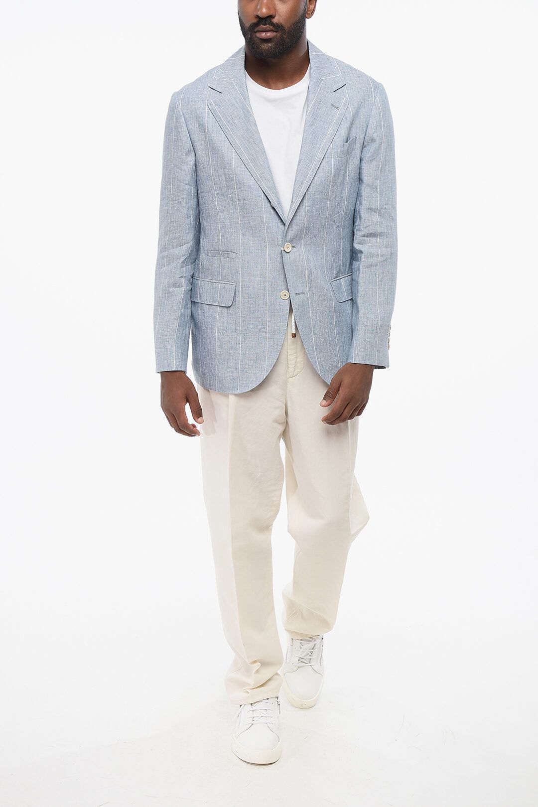 Brunello Cucinelli og1mm0725 Pinstriped Linen Blazer Light Blue Size US M / EU 48-50 / 2 - 4 Thumbnail