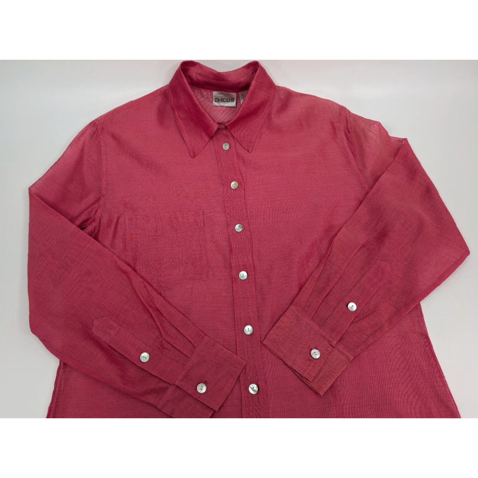 Vintage Chico’s Silk Cotton Blend Long Button Dress Shirt Blouse Pink M/8 Womens Blouse Silk Cotton Blend Button-Down Sheer Tunic Casual Party/Cocktail 90s? Size M / US 6-8 / IT 42-44 - 6 Thumbnail