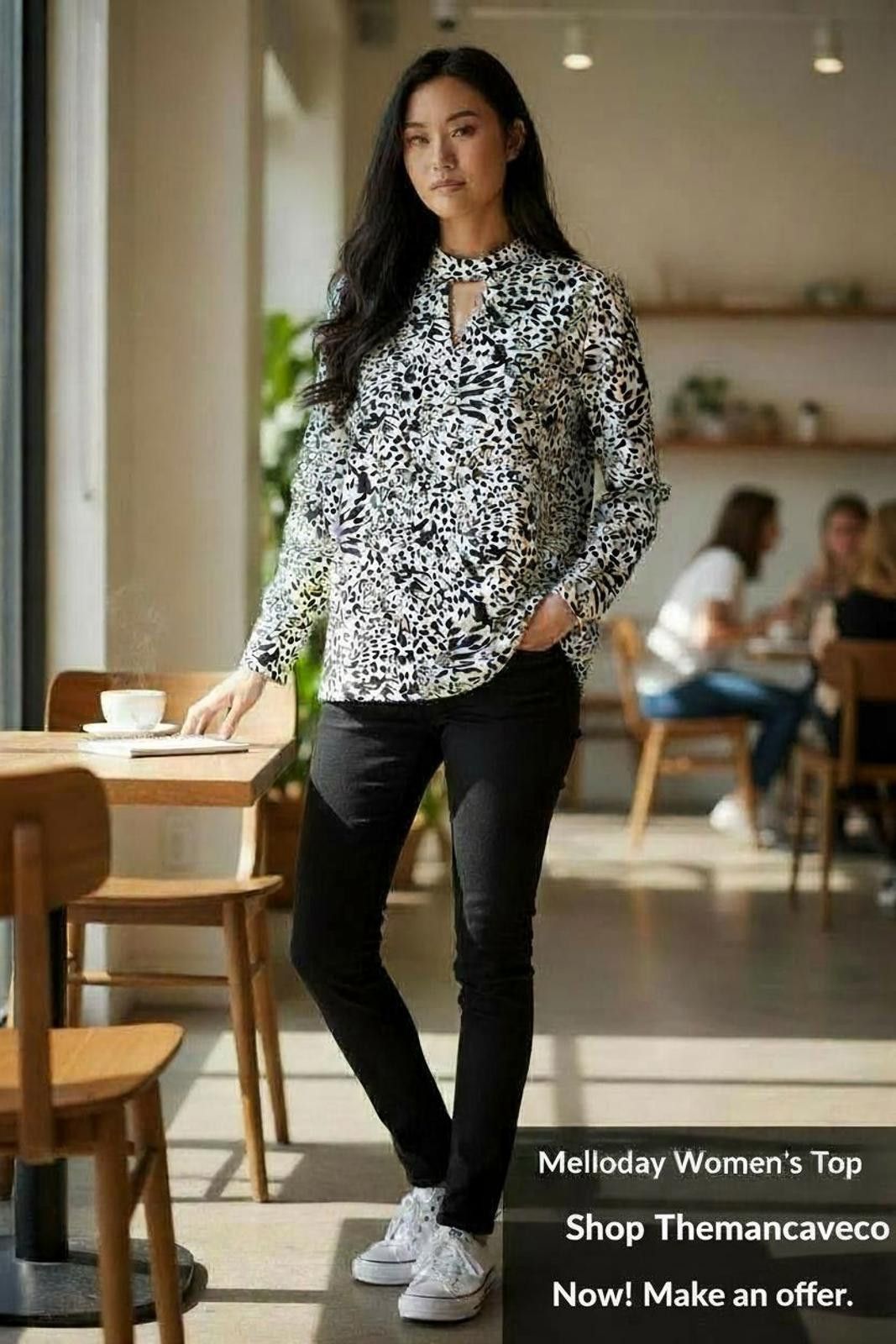 Other Melloday Women's Black and White Animal Print Blouse Size M / US 6-8 / IT 42-44 - 2 Thumbnail