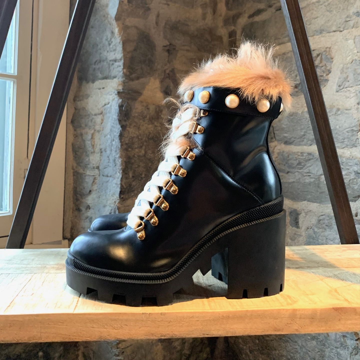Gucci Gucci Black Leather Trip Heeled Fur Pearl Boots Size US 8 / IT 38 - 7 Thumbnail