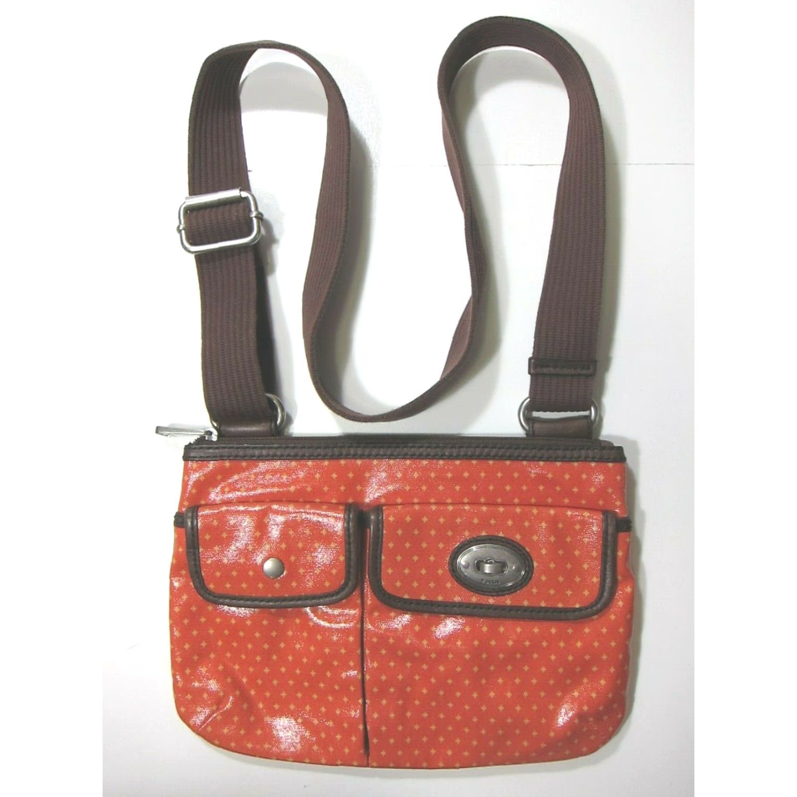 Fossil Fossil Star Orange Brown Plastic Satchel Crossbody Purse Bag Womens Small 80s 90s Star Pattern Pockets Size ONE SIZE - 2 Thumbnail