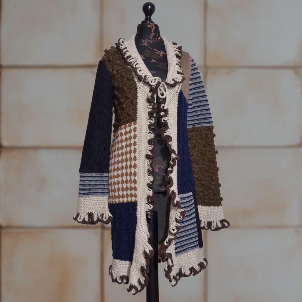 Moschino Love Moschino Patchwork Knit Cardigan Coat Crochet Trim Tie Front UK12 US8 Size XL / US 12-14 / IT 48-50 - 1 Thumbnail