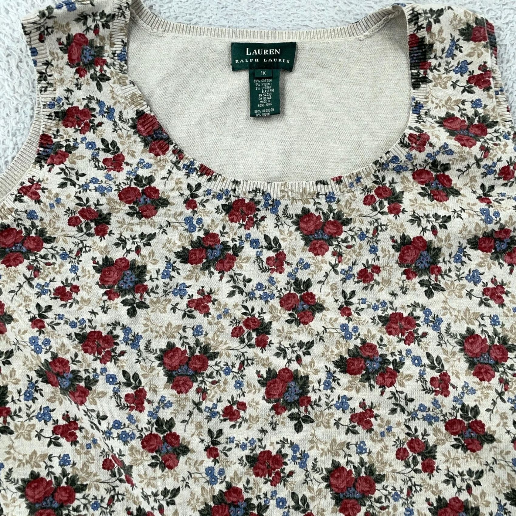 Ralph Lauren Lauren Ralph Lauren Sweater Tank Top Womens 1X Beige Floral Knit Scoop Neck Sleeveless Cotton Nylon Spandex Knit Vintage VINTAGE Shirts Womens Women Size XL / US 12-14 / IT 48-50 - 2 Thumbnail
