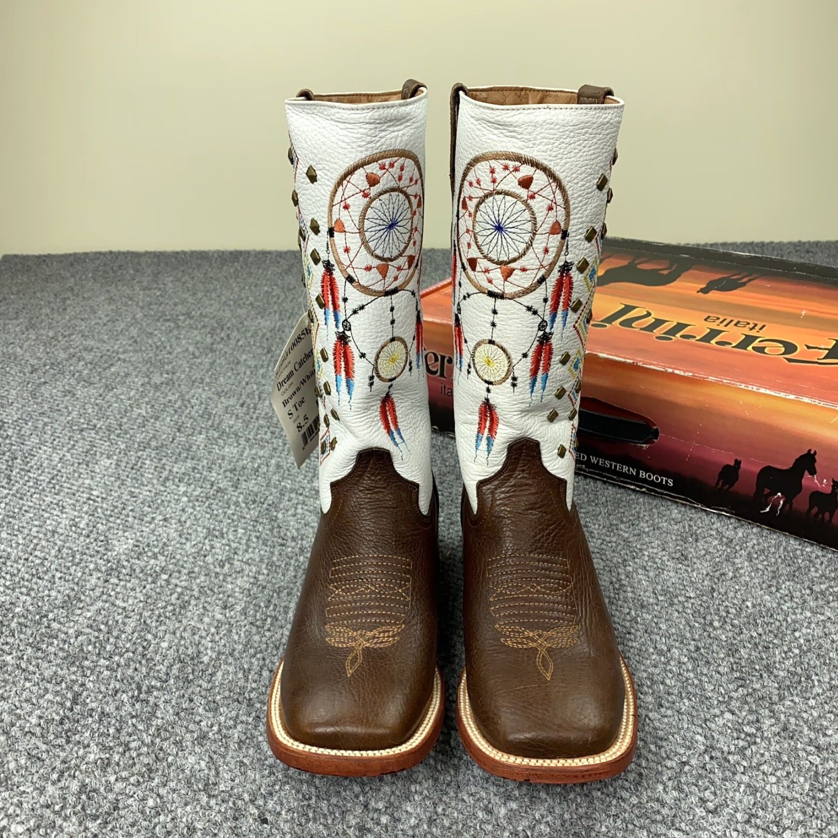 Vintage VINTAGE Ferrini Western Boots Womens Size 8.5 Leather Cowgirl Square Toe Studded Southwestern Brown and White 90s Size US 8.5 / IT 38.5 - 2 Thumbnail