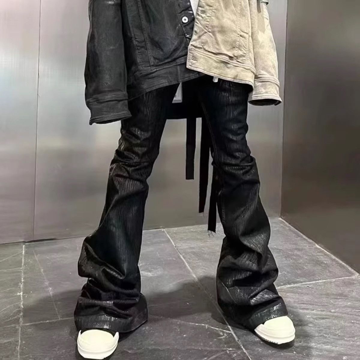 Coated Stretch Black Flare Baggy Leather Trousers