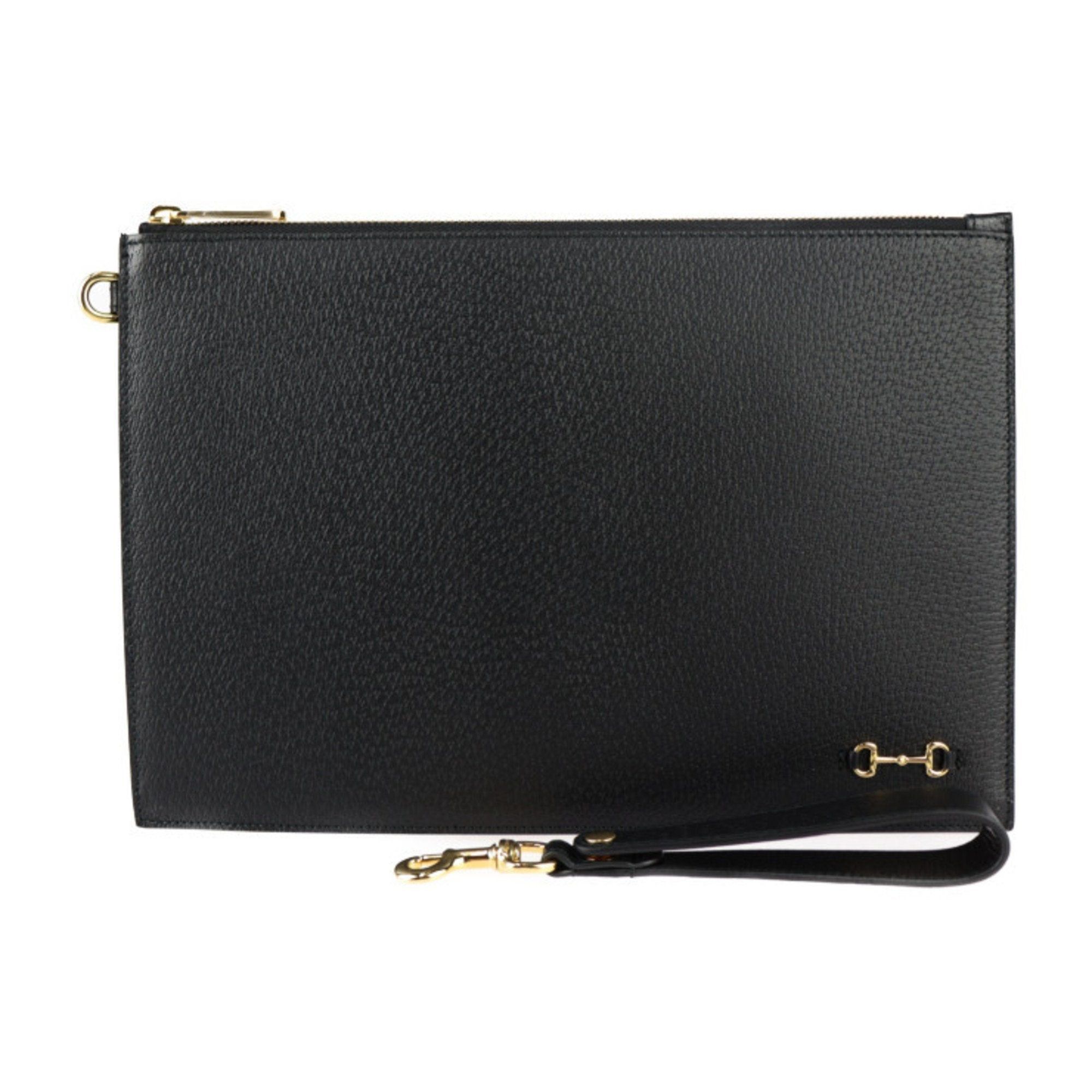 image of Gucci Horsebit Clutch Bag 700524 Leather Black Wristlet Second Pouch, Women's