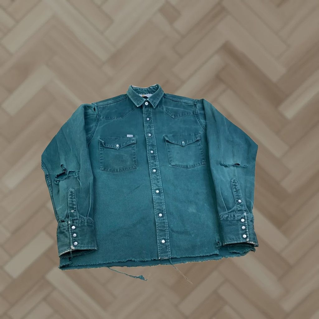 Carhartt VINTAGE Carhartt Rugged Outdoor Wear Shirt L Green Distress Pearl Snap 13186 Mens Size US L / EU 52-54 / 3 - 1 Thumbnail