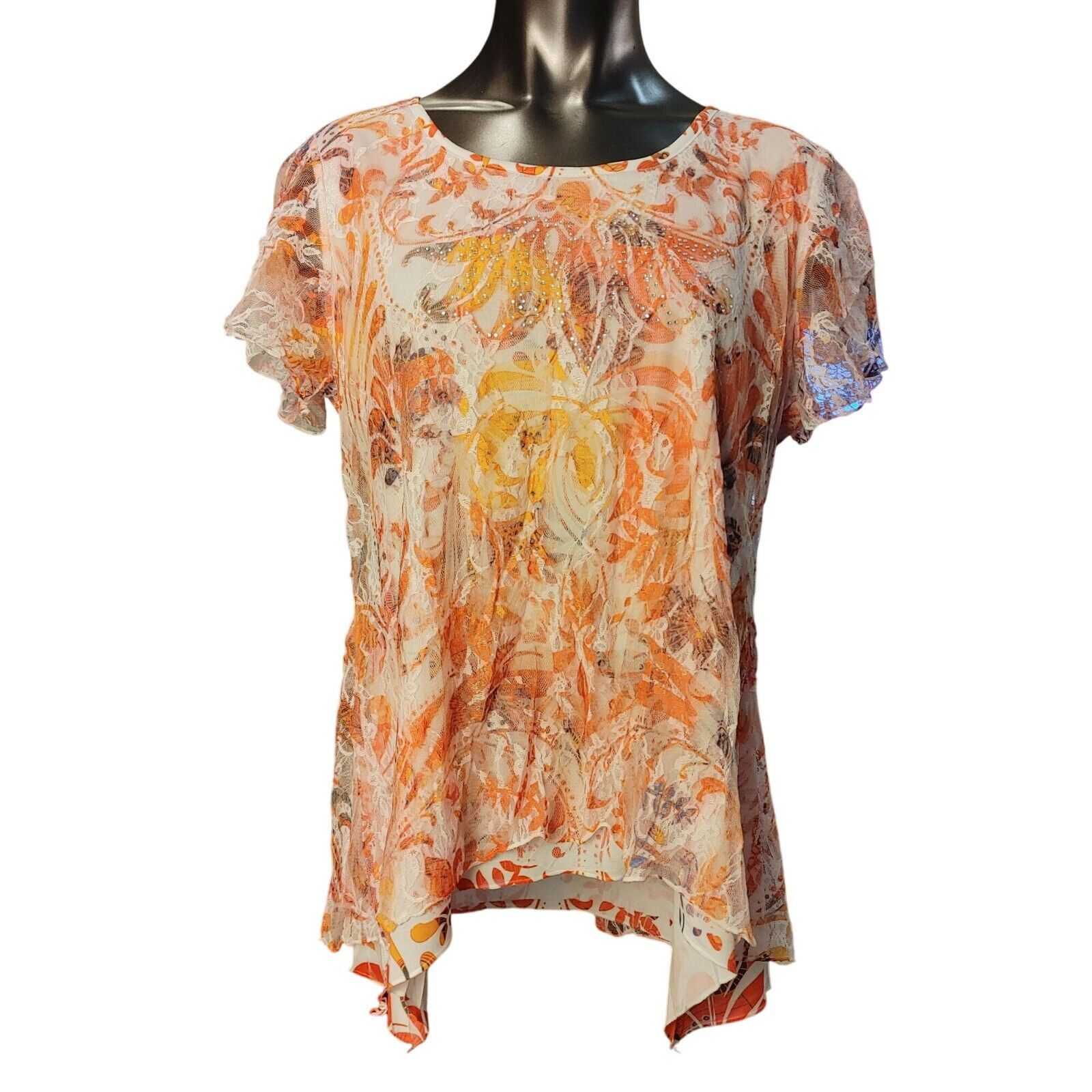 Other Roz & Ali Women's Orange Sheer Floral Nylon Blouse Top LG Size L / US 10 / IT 46 - 1 Thumbnail