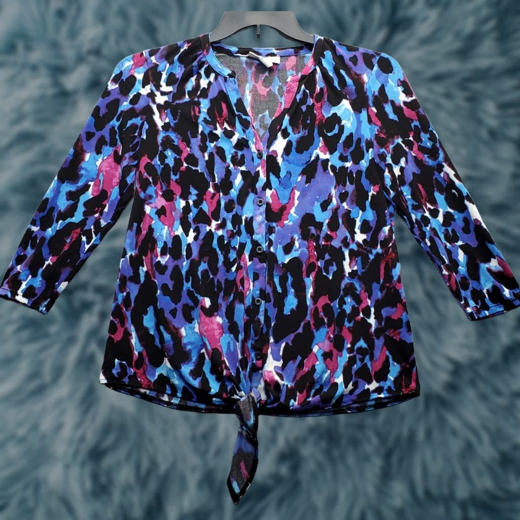 Vintage Dana Buchman Blouse Womens S Leopard Print Knot Hem Button Front Shirt Size S / US 4 / IT 40 - 1 Thumbnail