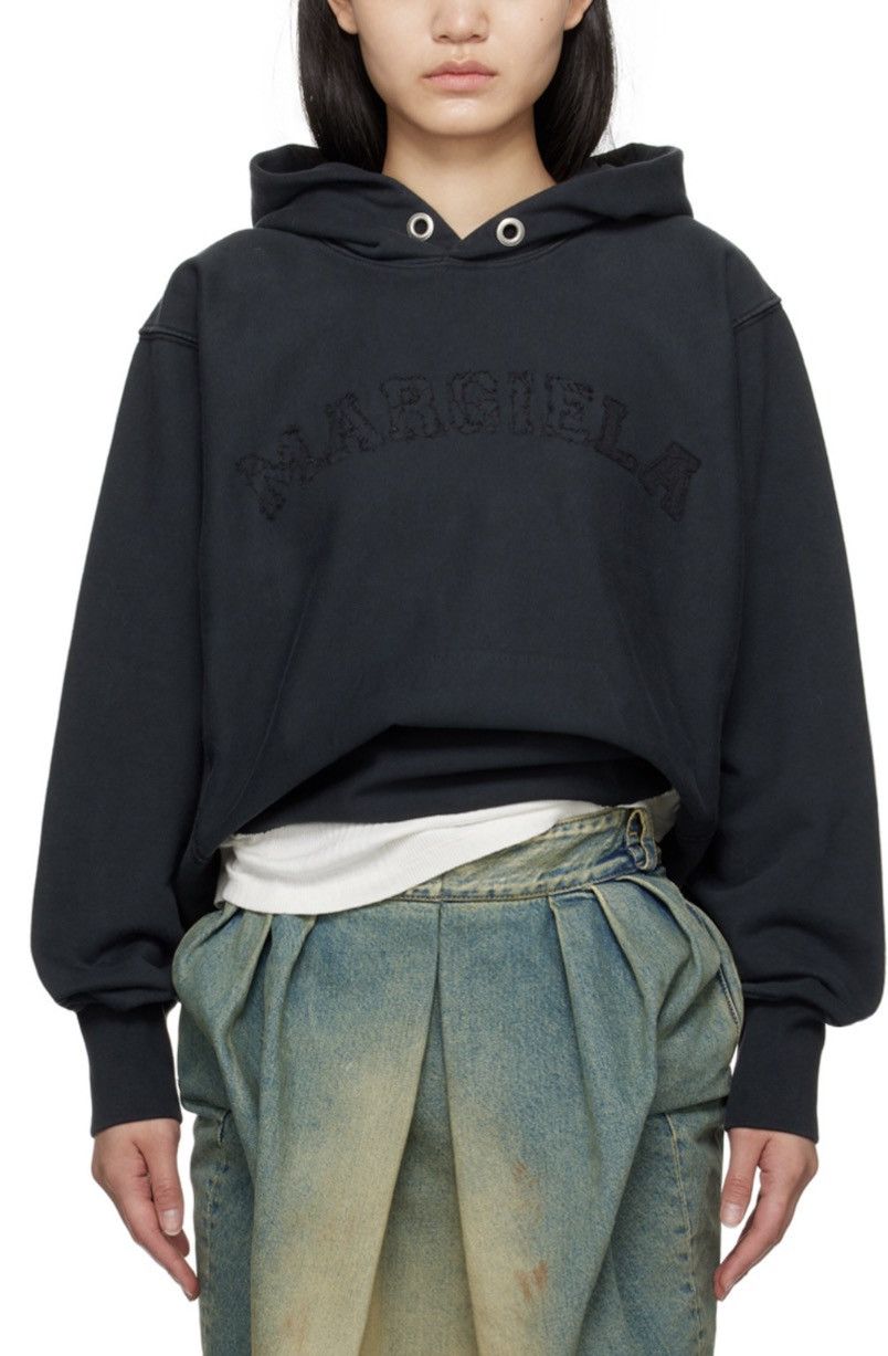 image of Maison Margiela Crop Logo Sweatshirt Cotton Fleece Hoodie in Black, Women's (Size Small)