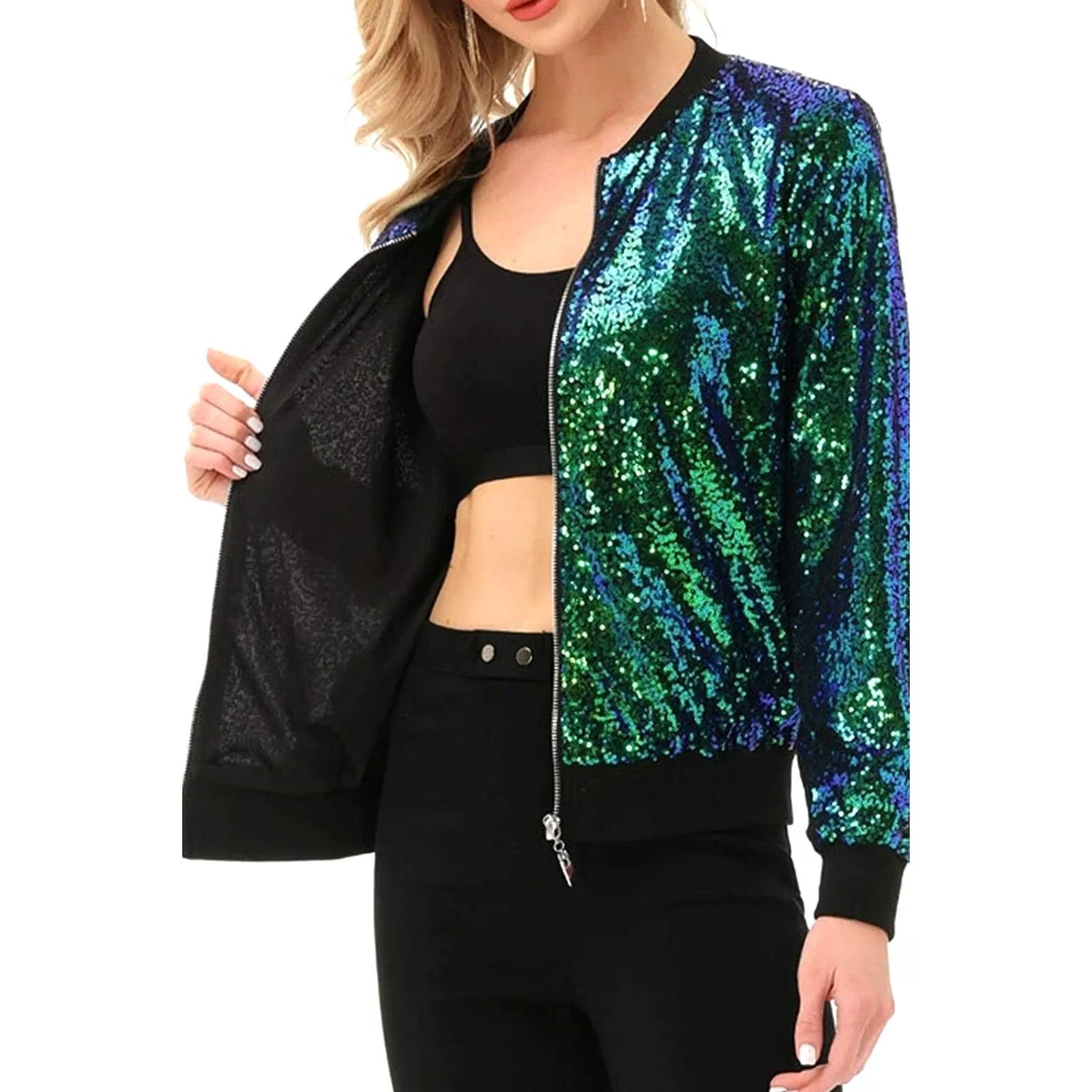 Vintage Kancy Kole Green Sequin Front Zip Long Sleeve Party Bomber Jacket Women's L Size L / US 10 / IT 46 - 2 Thumbnail